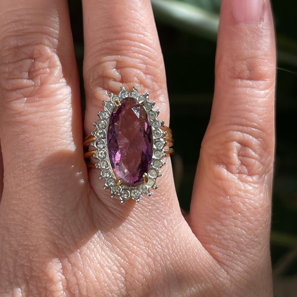 14KT gold electroplated ESPO purple pink stone halo vintage ring - Picture 4 of 10